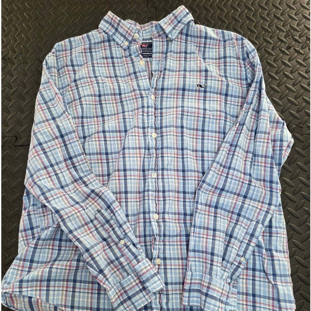 Vineyard Vines Mens XL Slim Fit Whale Shirt Blue Plaid Long Sleeve Button Up